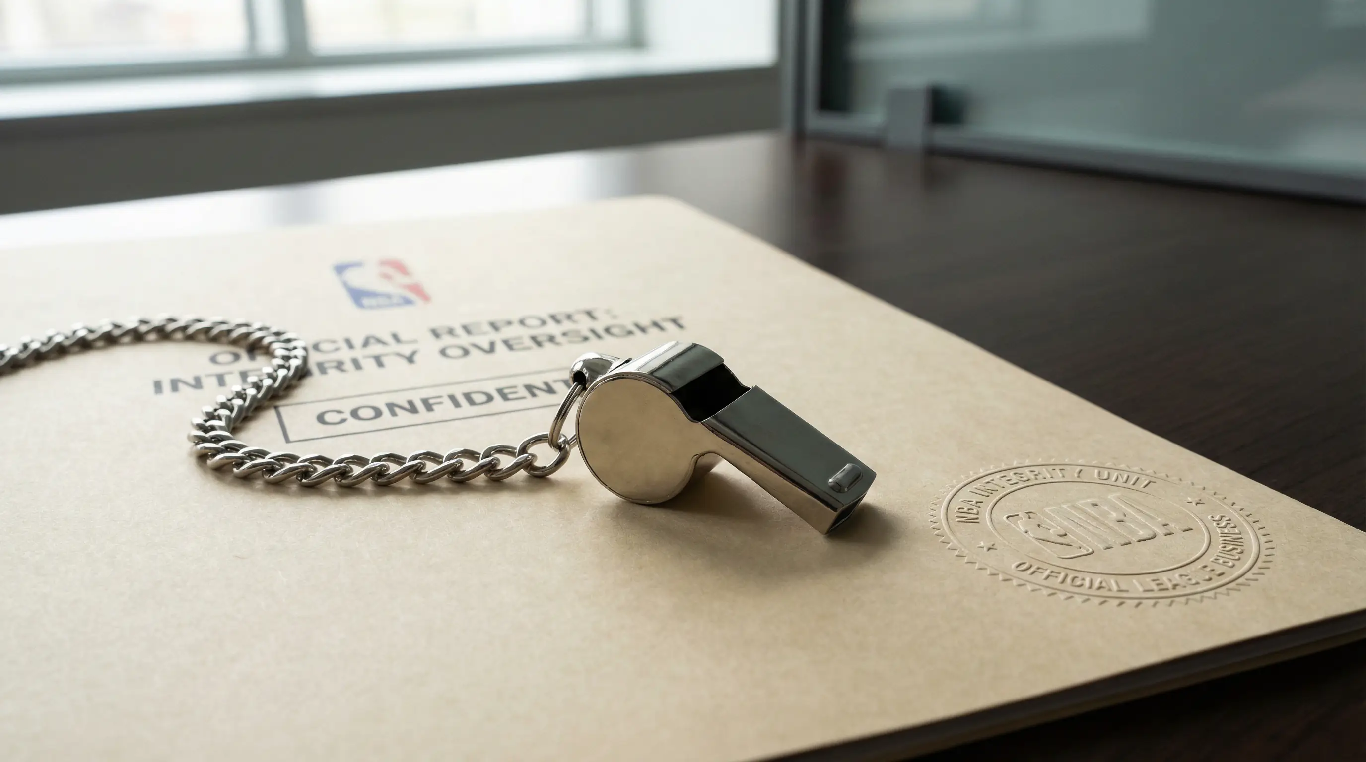 Basketball referee holding whistle with security badge representing NBA betting integrity and oversight